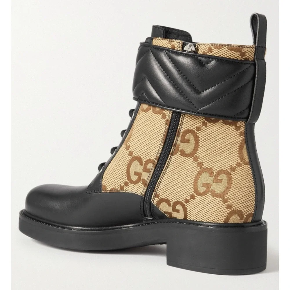 Gucci Marmont Black Leather Beige GG Coated Canvas Logo Print Combat Boots 38
